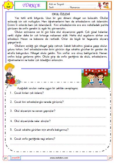 2. Sınıf Türkçe Okuma ve Anlama Etkinliği ( Okul Özlemi )